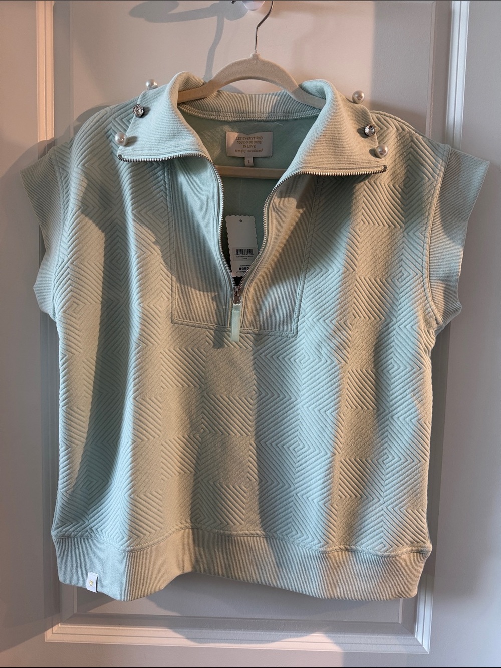 Simply Southern Mint Short-Sleeve Zip Sweatshirt with Pearl Stud Accents